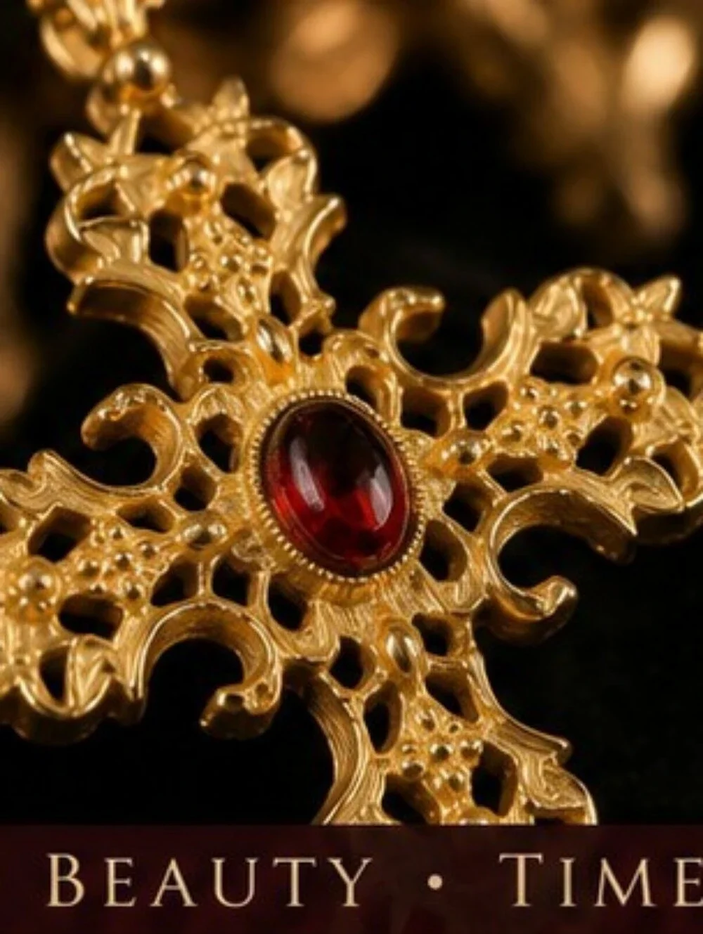 Vintage Avon Ornate Gothic Cross Pendant Necklace Red Glass Cabochon 22 Inch